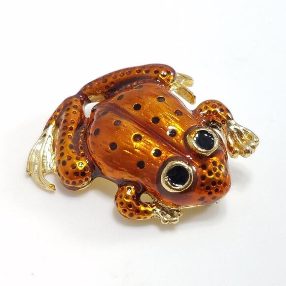 Vintage Rusty Orange Enamel Frog Brooch, Gold Tone, 1980s, 1 3/4 Inches - Picture 1 of 10
